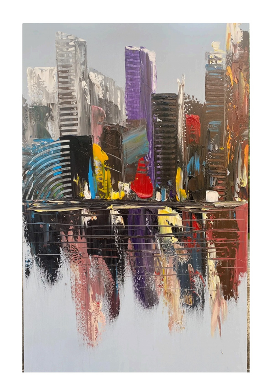 Hand Painted texture Wall Art City by Water Acrylic Painting Oil painting 3D textured wall art